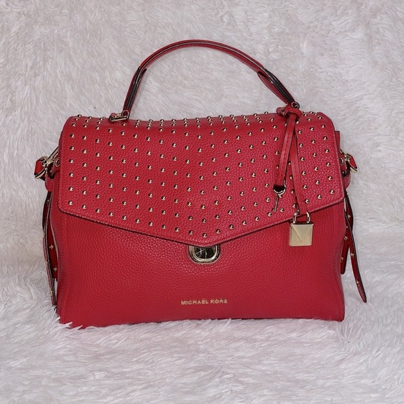 Michael Kors MK Bristol Studded Leather Satchel Crossbody Purse Shoulder Bag Red - Picture 4 of 17